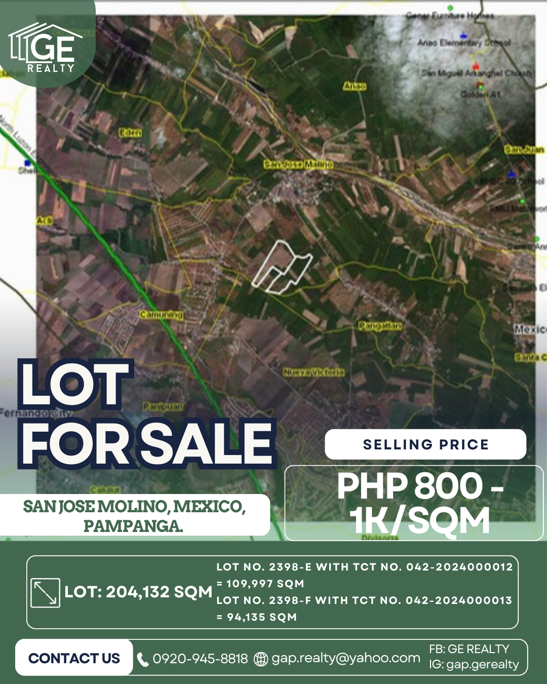 Large Agricultural Lots for Sale in San Jose Malino, Mexico, Pampanga